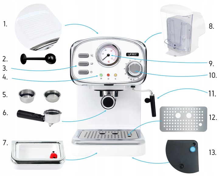 Kolbowy ekspres ciśnieniowy Yoer Breve 1100 W biały