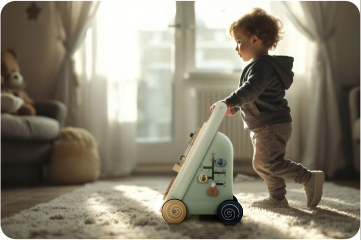 Drewniany chodzik dla dziecka pchacz sensoryczny jeździk do zabawy Nukido