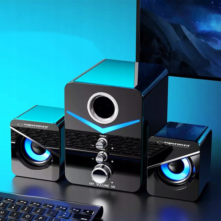 GŁOŚNIKI KOMPUTEROWE 2.1 PODŚWIETLENIE LED MOC 6W