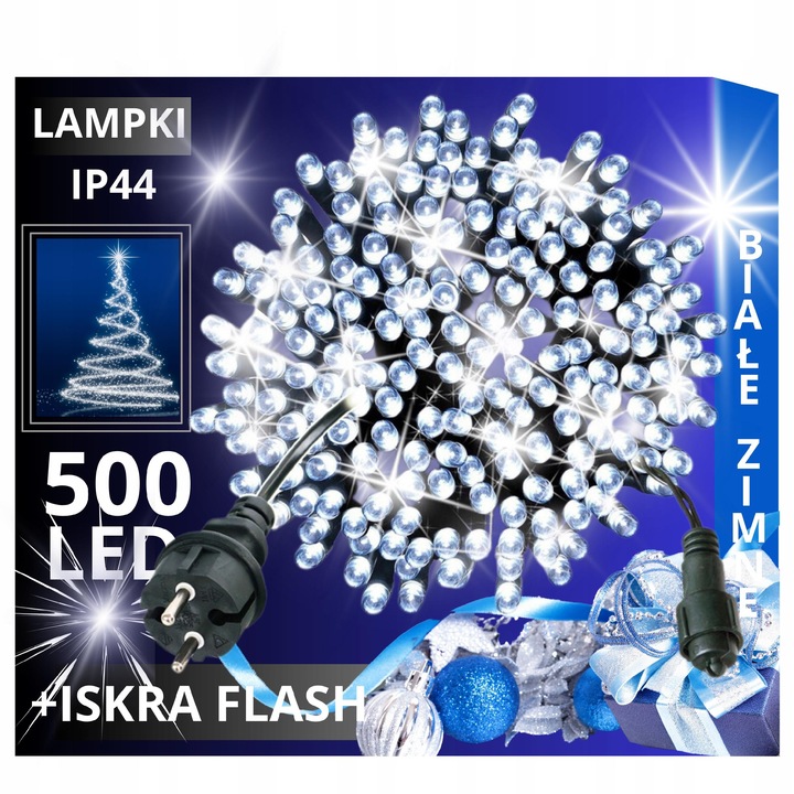LAMPKI CHOINKOWE 500 LED STAŁE + FLASH ZEWNĘTRZNE BŁYSK IP44 BIAŁE ZIMNE