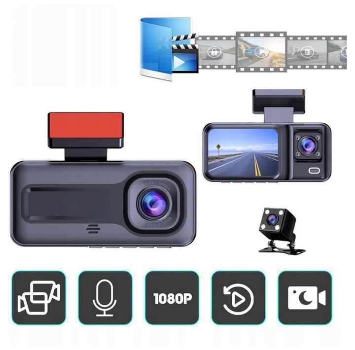 WideoRejestrator 3 Kamery z Kamerą cofania G-sensor Wstrząsy menu PL