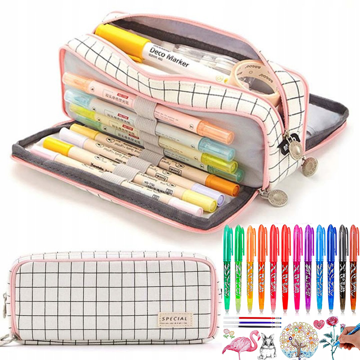 Piórnik Szkolny Duży i Pojemny Komorowy na przybory Saszetka +DŁUGOPISY