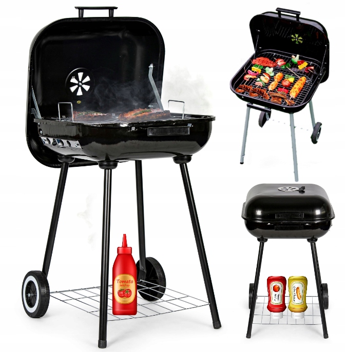 Grill Ogrodowy z Pokrywą, Kółkami Czarny 43 x 40 cm