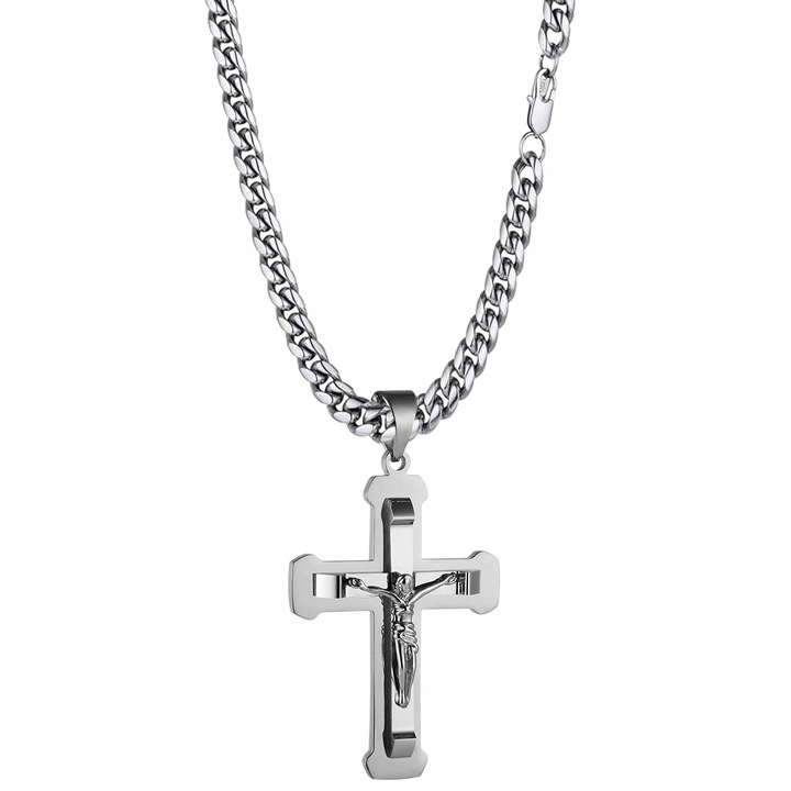 Naszyjnik srebrny duży krzyż krzyżyk Jezus stal szlachetna 316L 60 cm