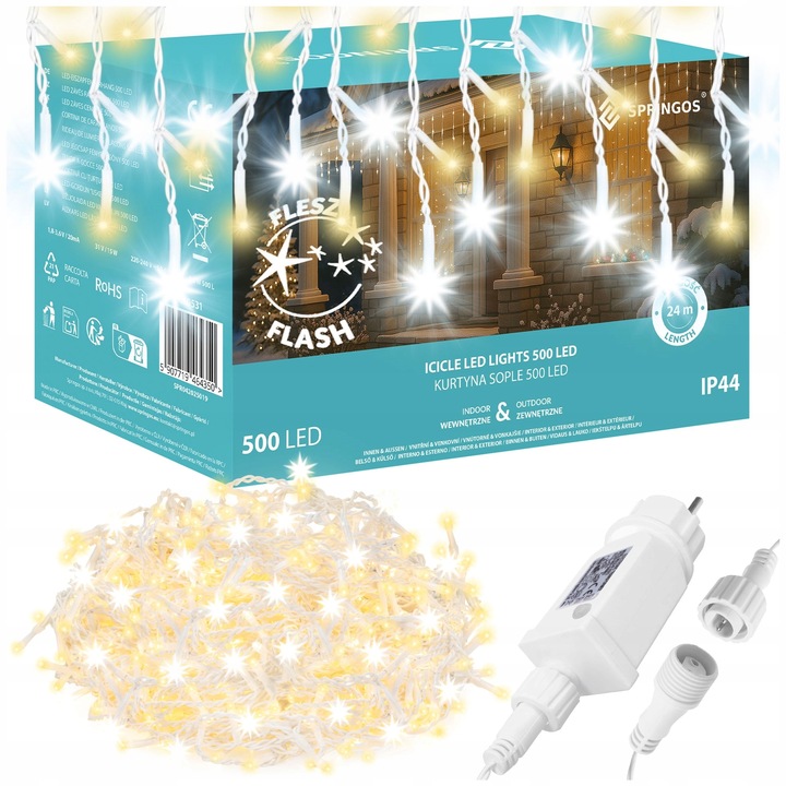 LAMPKI SOPLE CHOINKOWE 500LED TIMER KURTYNA ŚWIETLNA FLASH ZEWNĘTRZNY BIAŁY