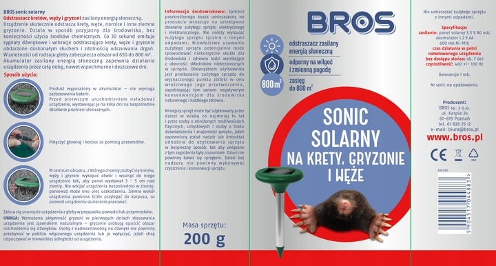 BROS SONIC SOLARNY na krety, nornice, gryzonie i węże, zasięg do 800 m²