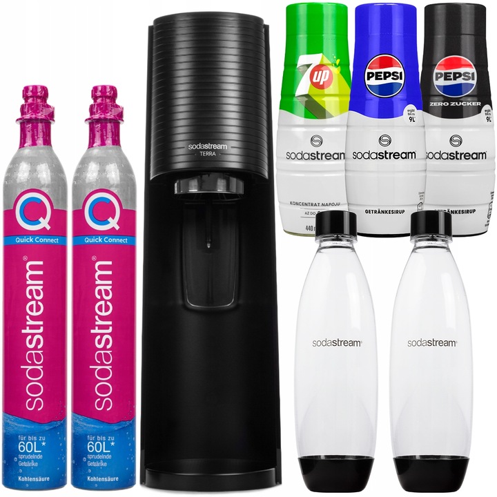 SATURATOR SODASTREAM TERRA BLACK 2 BUTELKI + 2 NABOJE + 3X SYROP PEPSI 7UP