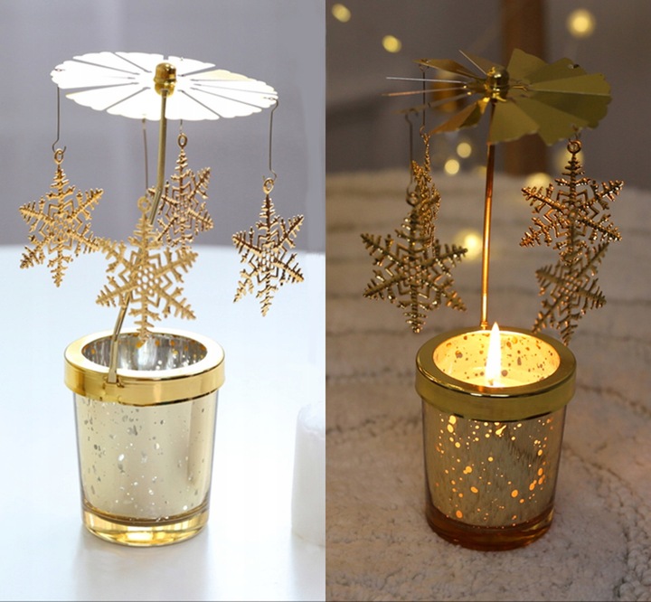 ŚWIECZNIK OBROTOWY ŚWIĄTECZNY OZDOBNY DONICZKA OZDOBA GWIAZDKI ZŁOTY AG712