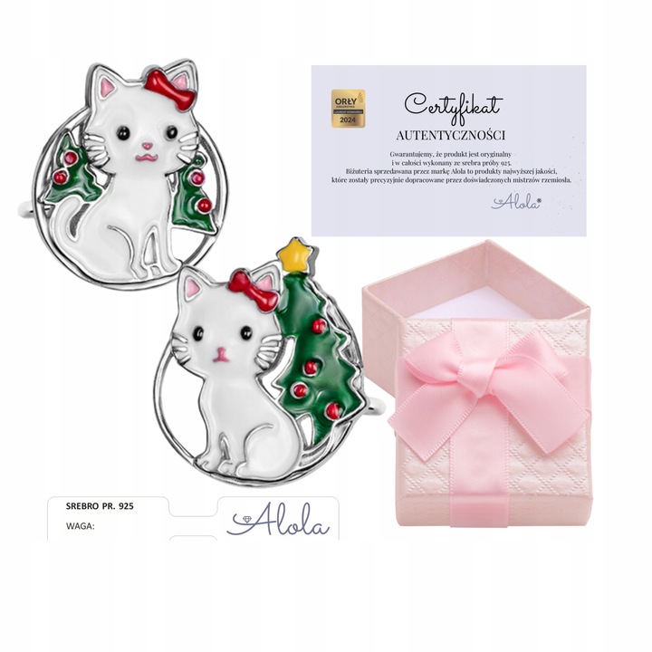 KOLCZYKI SREBRNE DLA DZIEWCZYNKI KOTKI ŚWIĄTECZNE ASYMETRYCZNE NA PREZENT