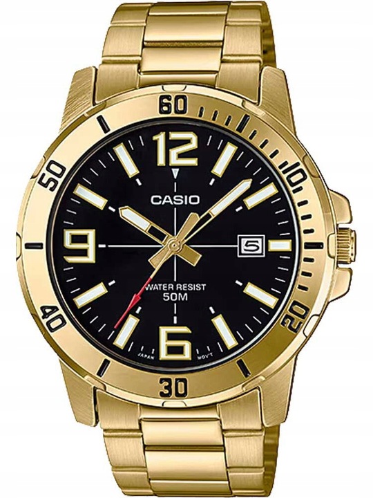 ZEGAREK MĘSKI CASIO STILON złoty stalowy datownik +BOX +GRAWER