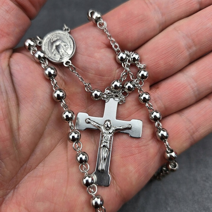 Srebrny Naszyjnik Różaniec z Krzyżem Stal Męski Łańcuszek