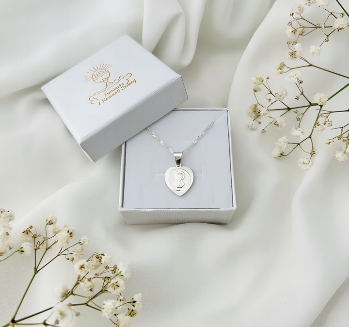 Medalik Serce Matka Boska srebrny łańcuszek 40cm 925 Komunia Chrzest GRAWER