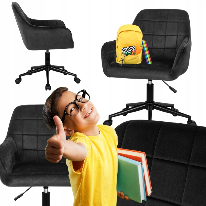Krzesło Obrotowe Fotel Młodzieżowy Obrotowy Dla Dziecka Czarny Welur LUCY