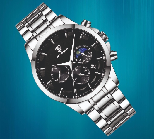 SREBRNY ZEGAREK MĘSKI NA BRANSOLECIE POEDAGAR CHRONOGRAF PUDEŁKO DATOWNIK