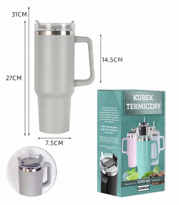 MagiCook KUBEK TERMICZNY 1200 ML ZE SŁOMKĄ STYLE USA Jasna Szarość