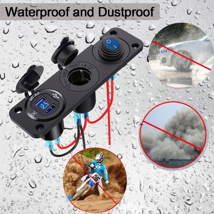 GNIAZDO ZAPALNICZKI Ładowarka USB 2xQC 3.0 WOLTOMIERZ PANEL 3 12/24V Kable