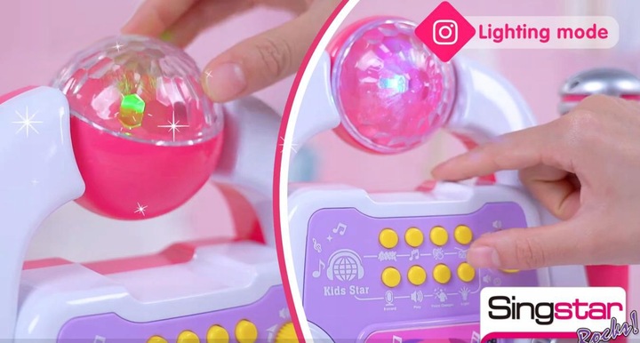 ZESTAW DO KARAOKE DLA DZIECI MIKROFON WZMACNIACZ STATYW ŚWIECĄCA KULA DISCO