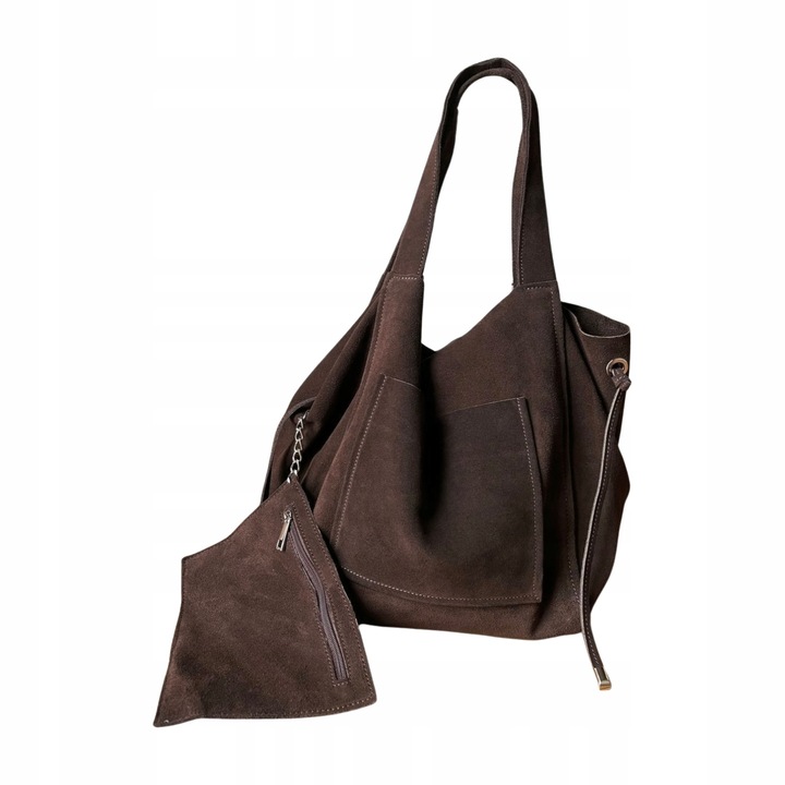 Czekoladowa zamszowa torebka shopper worek XL ZAMSZ NATURALNY Vera Pelle A4