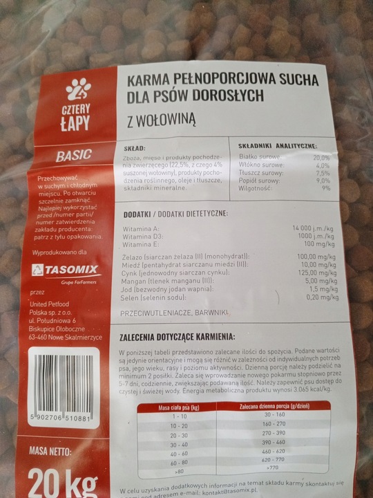 Karma dla psa Cztery Łapy wołowina 20 kg