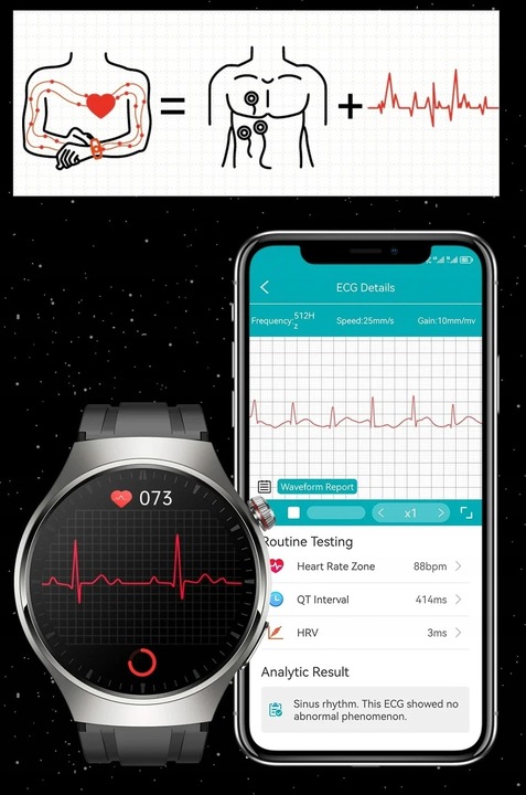 Zegarek Smartwatch AMOLED POMIAR CURKU EKG Glukoza BMI ROZMOWY CIŚNIENIE