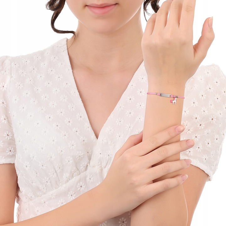 BRANSOLETKA Z BLASZKĄ 925 JEDNOROŻEC GRAWER NA SZNURECZKU DLA DZIEWCZYNKI