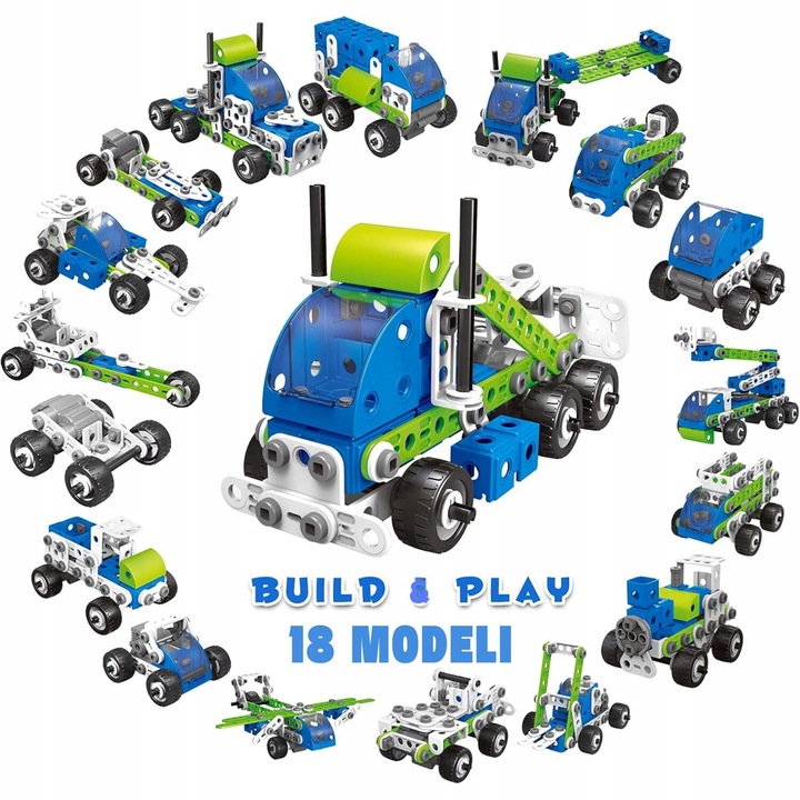 KLOCKI KONSTRUKCYJNE EDUKACYJNE CIĘŻARÓWKA SAMOLOT POJAZDY BUDOWLANE 18w1