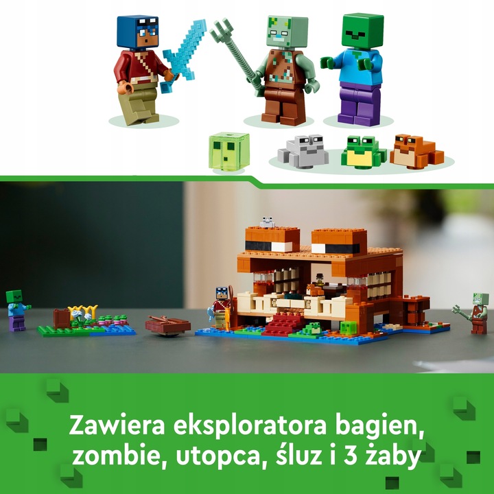 LEGO Minecraft 21256 Dom w Kształcie Żaby Utopiec Bagienny Odkrywca Zombie