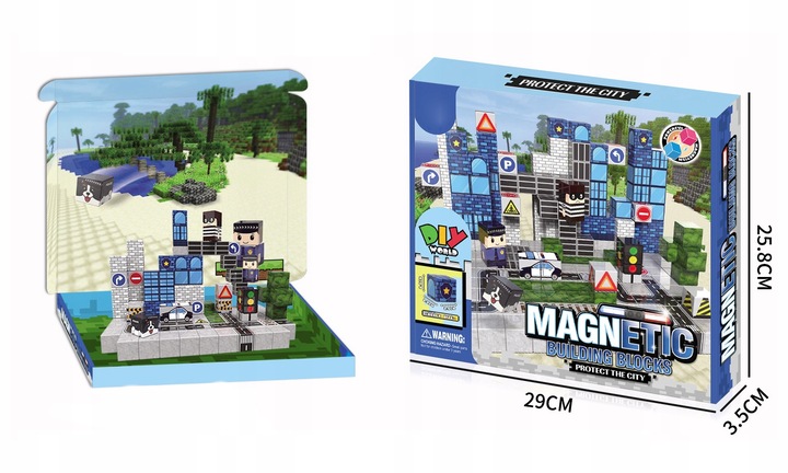 KLOCKI MAGNETYCZNE 2,5cm kostki piksele zestaw POLICJA miasto 110 elementów