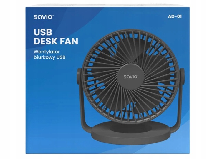 Wentylator biurkowy SAVIO z akumulatorem USB-C, czarny,