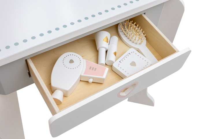 Drewniana toaletka dla dziewczynki z krzesełkiem lustro akcesoria szuflada