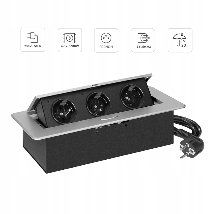 gniazdo wpuszczane chowane w blat potrójne stalowe Srebrne gniazdo meblowe