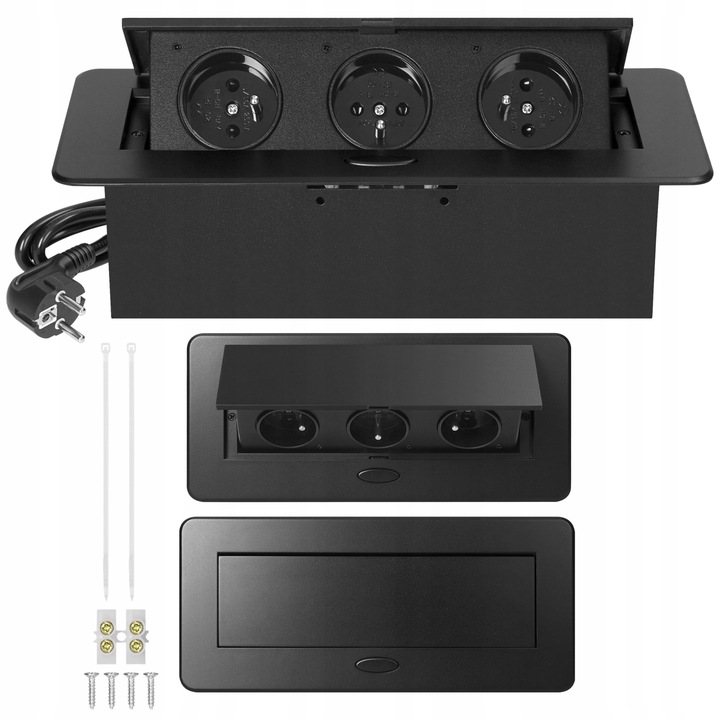 gniazdo wpuszczane chowane w blat potrójne stalowe czarne gniazdo meblowe