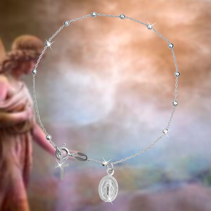 Bransoletka srebrna na rękę różaniec krzyżyk medalik srebro na komunię