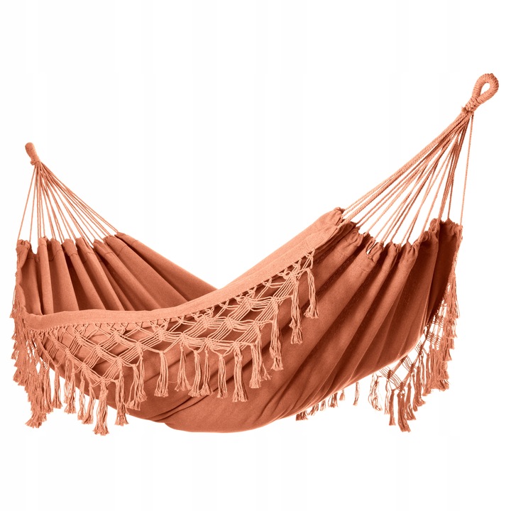 DUŻY DWUOSOBOWY MOCNY HAMAK OGRODOWY BOHO MAKRAMA MIDAS 150x200 XXL KARMEL
