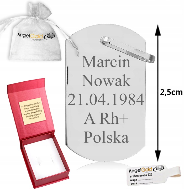 SREBRNY NIEŚMIERTELNIK WOJSKOWY PRÓBA 925 + GRAWER