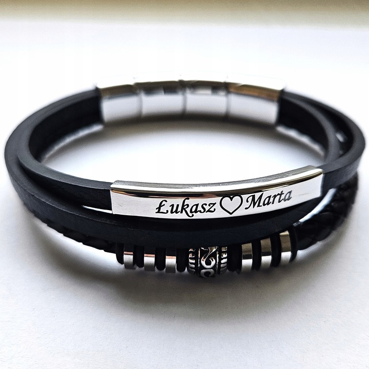 BRANSOLETKA MĘSKA SKÓRZANA SKÓRA GRAWER GRATIS SREBRNA REGULOWANA 21-24CM!