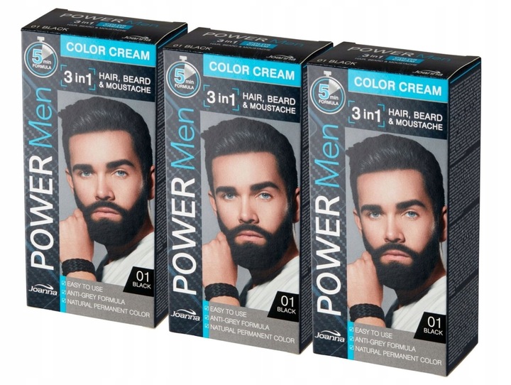 Joanna zestaw 3x Power Men Color Cream 3w1 farba do włosów, brody 01 Black