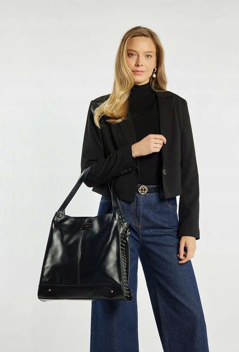 TOREBKA DAMSKA MONNARI Czarna Na Ramię SHOPPER Ćwieki Dżety DŁUGI PASEK