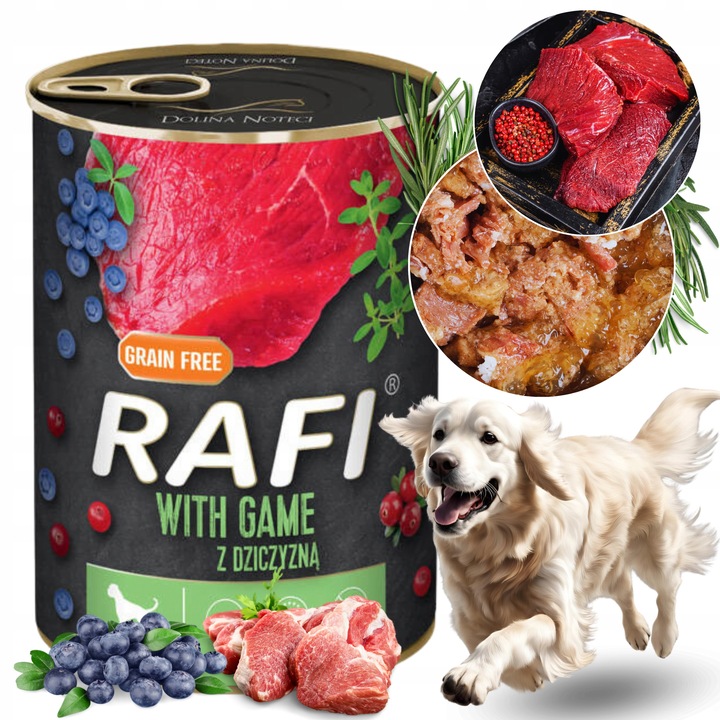 DOLINA NOTECI RAFI MOKRA KARMA DLA PSA BEZ ZBÓŻ MIX SMAKÓW PUSZKA 24x400g