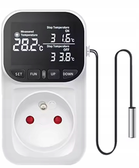 Termostat gniazdkowy 16A z timerem wodoodporna sonda grzanie chłodzenie