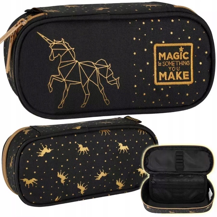 TORNISTER PLECAK SZKOLNY CZARNY ZŁOTY JEDNOROŻEC PIÓRNIK TUBA BIDON 5EL