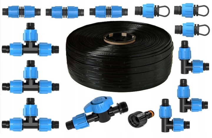 Taśma kroplująca emiter co 20cm wąż 100m + zestaw 14 akcesoriów