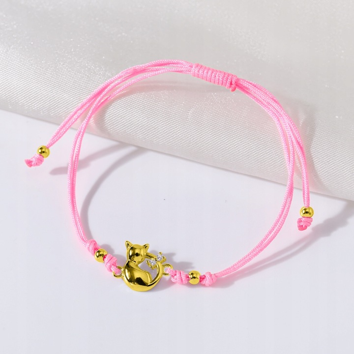 Srebrna bransoletka dla dziewczynki sznurkowa kotek srebro 925 pozłacane