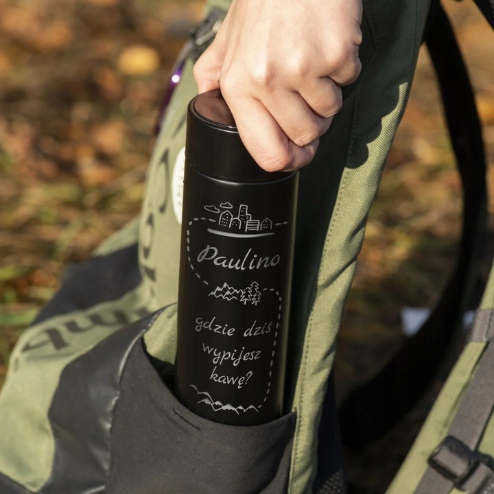 Kubek Termiczny z Grawerem Wyświetlacz 450ml Termos z Zaparzaczem na Kawę