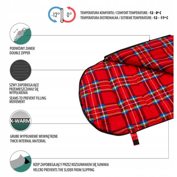 ŚPIWÓR z bawełnianym wypełnieniem ZIMOWY Gruby z kapturem 190cm -12 stopni