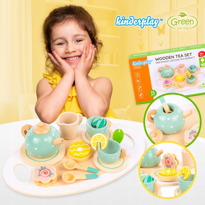 DREWNINAY ZESTAW DO HERBATY DLA DZIECI KINDERPLAY AKCESORIA + TACA