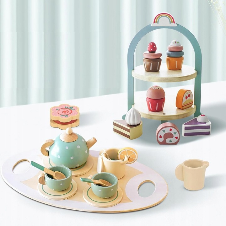 CUKIERNIA DREWNIANY ZESTAW DO HERBATY SERWIS KAWOWY AKCESORIA DO ZABAWY FI
