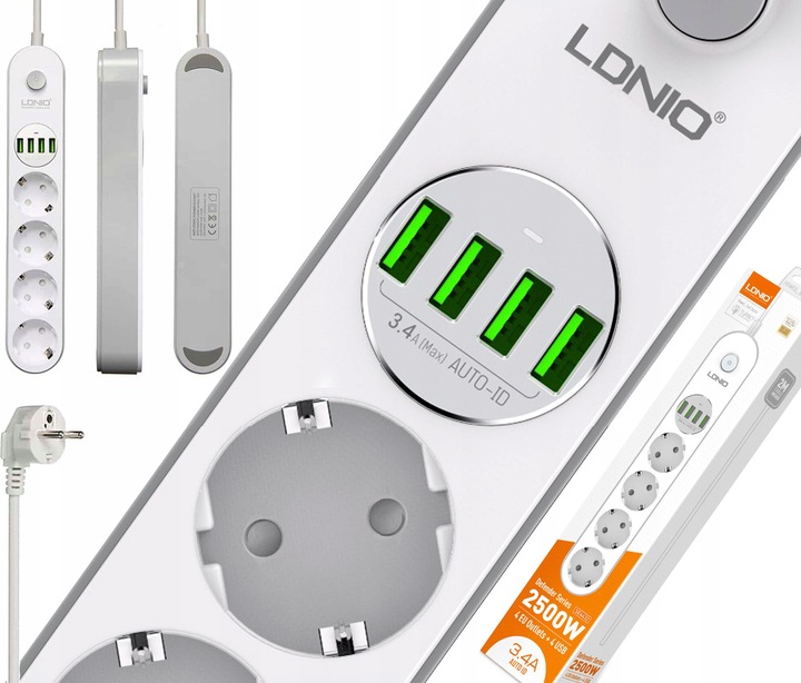 Listwa zasilająca Ldnio SE4432 z ładowarką USB