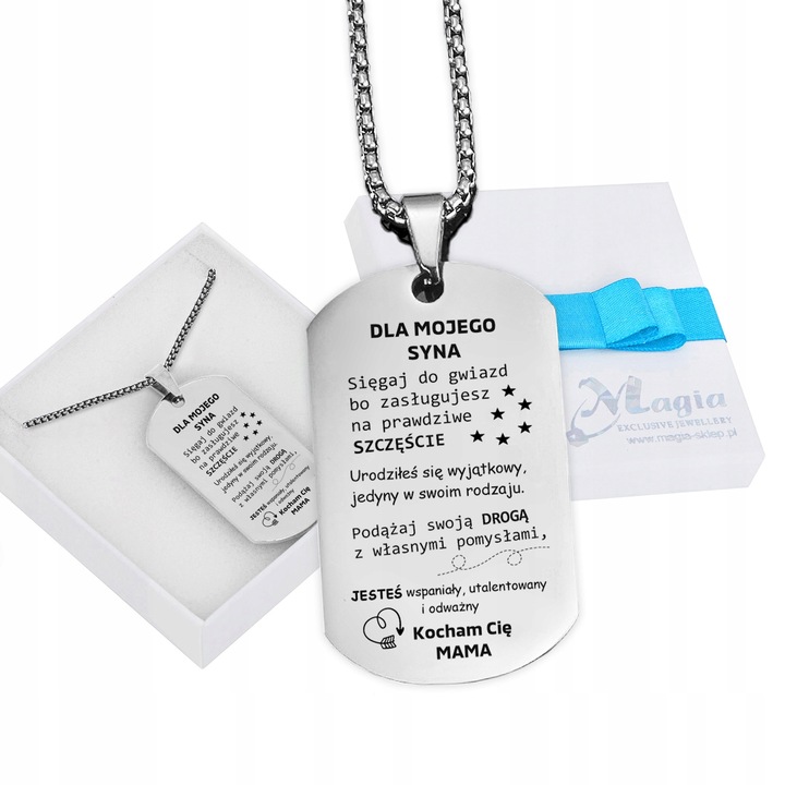 Srebrny Nieśmiertelnik Grawer Prezent dla Syna od Mamy Naszyjnik Męski BOX