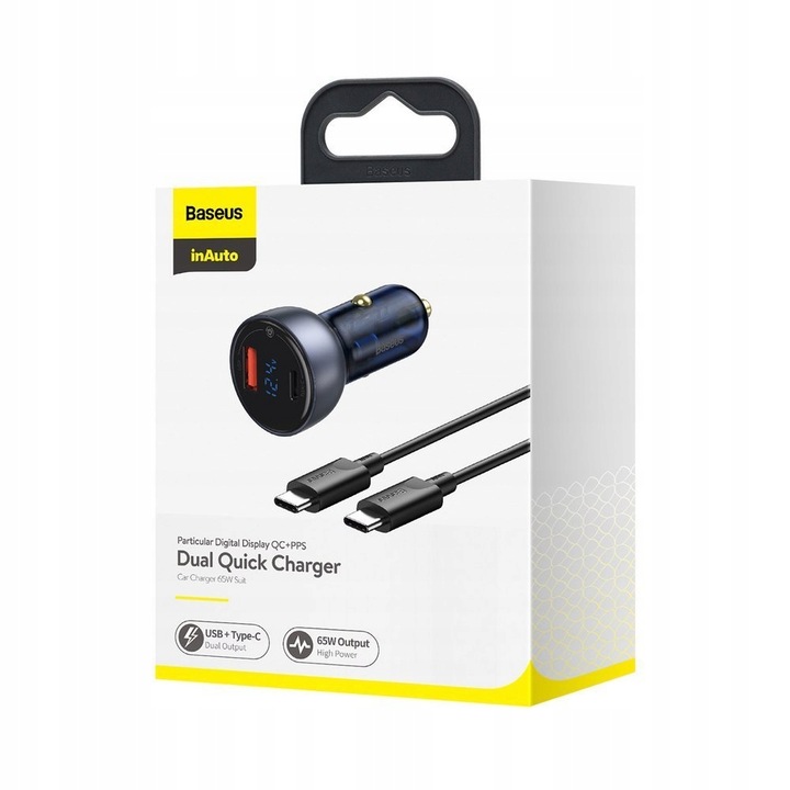 BASEUS MOCNA ŁADOWARKA SAMOCHODOWA ZASILACZ USB-A USB-C 65W Z KABELEM USB-C